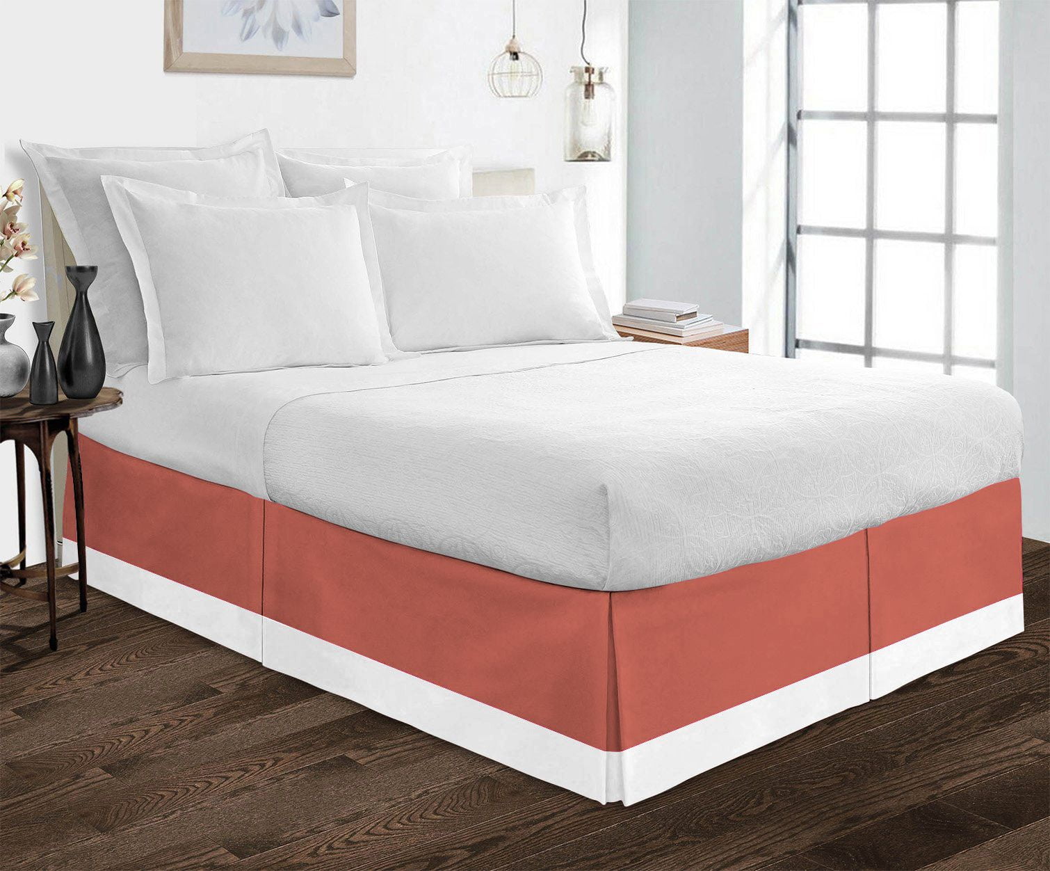 Luxury 1 Piece Split Corner Two Tone Tailored Bed Skirt, Queen Size 26 Inch Deep Pocket, 100% Egyptian Cotton, 800 Thread Count, Solid White/Brick Red Color.