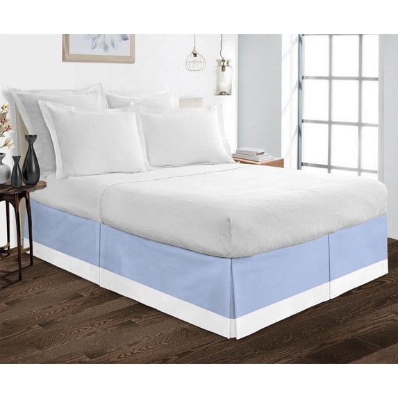 Luxury 1 Piece Split Corner Two Tone Tailored Bed Skirt, Twin Size 15 Inch Deep Pocket, 100% Egyptian Cotton, 800 Thread Count, Solid White/Light Blue Color.