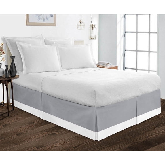 Luxury 1 Piece Split Corner Two Tone Tailored Bed Skirt, Twin XL Size 15 Inch Deep Pocket, 100% Egyptian Cotton, 800 Thread Count, Solid White/Silver Color.
