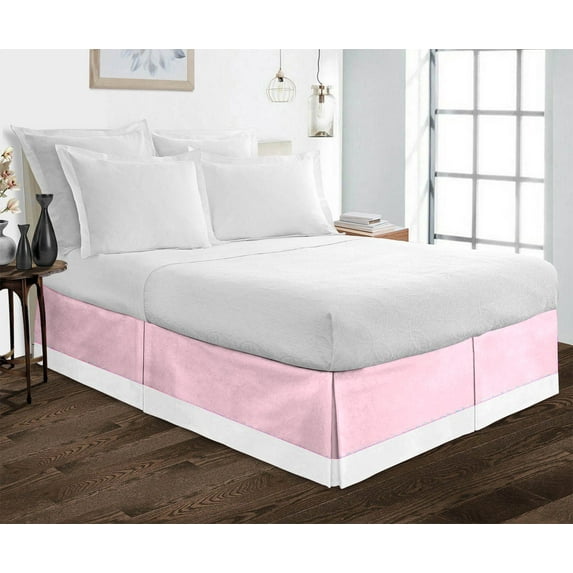 Luxury 1 Piece Split Corner Two Tone Tailored Bed Skirt, Twin XL Size 24 Inch Deep Pocket, 100% Egyptian Cotton, 800 Thread Count, Solid White/Light Pink Color.