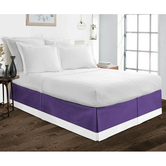 Luxury 1 Piece Split Corner Two Tone Tailored Bed Skirt, Twin XL Size 26 Inch Deep Pocket, 100% Egyptian Cotton, 800 Thread Count, Solid White/Purple Color.