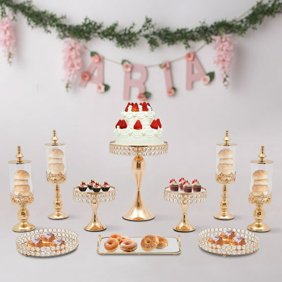 Luxury 10-Piece Gold Cake Stand Set - Premium Crystal, Acrylic & Iron Dessert Display for Weddings, Parties, and Home Decor - Elegant Multi-Function Cake Tray, Candy Jars, & Stands
