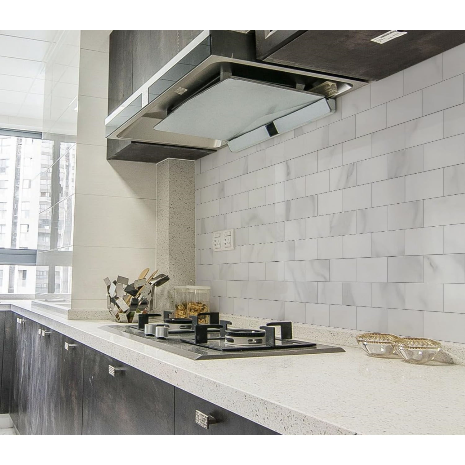 Luxury 10-Sheet Peel and Stick Backsplash,Self Adhesive Faux Stone 12”x12” White Subway Tile for Kitchen,Glossy Waterproof Carrara Brick Marble Look,Stick on Accent Wall for Bathroom,Bedroom