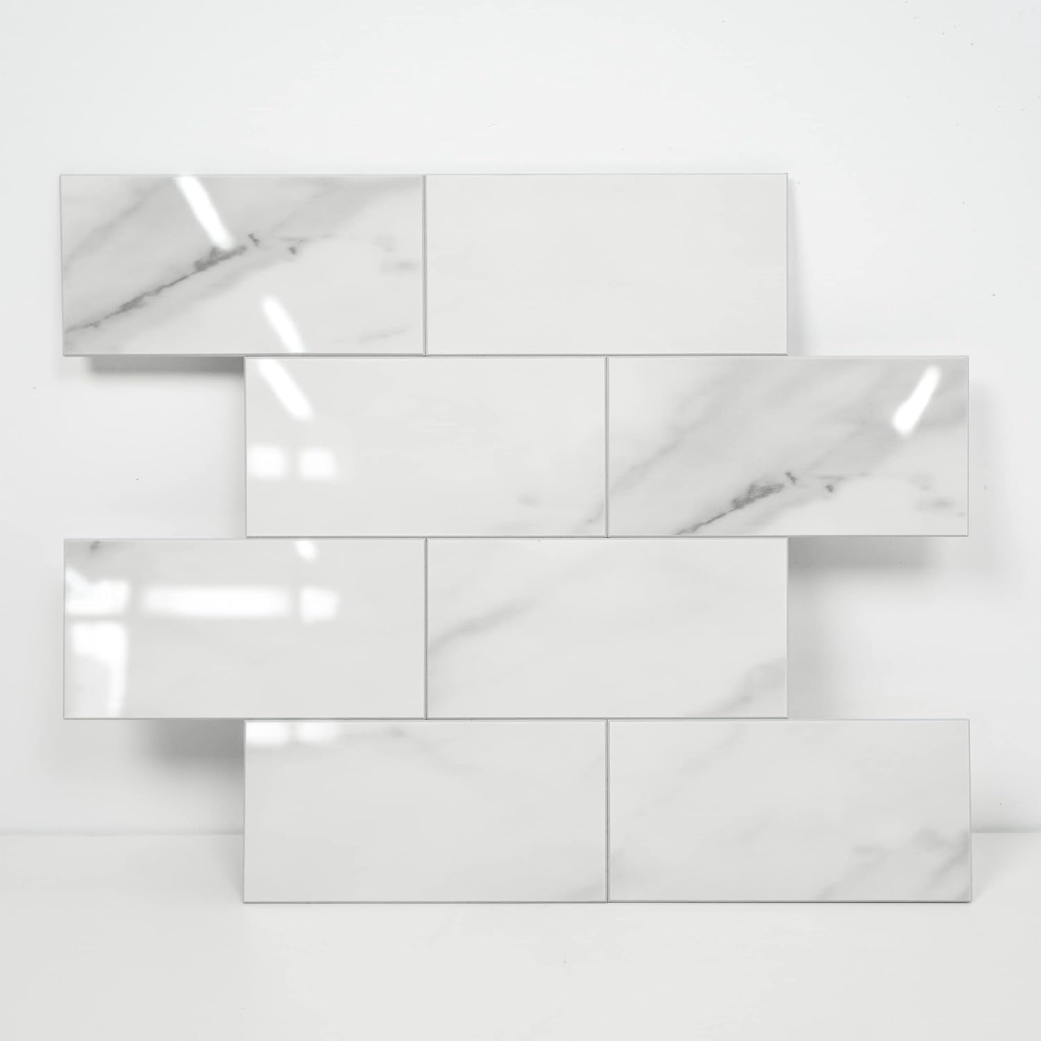 Luxury 10-Sheet Peel and Stick Backsplash,Self Adhesive Faux Stone 12”x12” White Subway Tile for Kitchen,Glossy Waterproof Carrara Brick Marble Look,Stick on Accent Wall for Bathroom,Bedroom