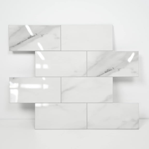 Luxury 10-Sheet Peel and Stick Backsplash,Self Adhesive Faux Stone 12x12 White Subway Tile for Kitchen,Glossy Waterproof Carrara Brick Marble Look,Stick on Accent Wall for Bathroom,Bedroom