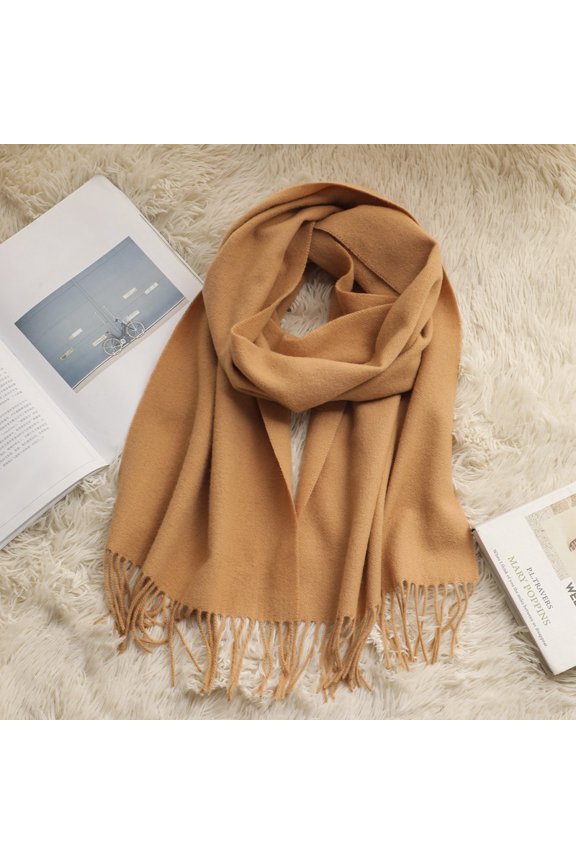 Luxury 100% Australian Wool Scarf, Solid Color Winter Wrap with Fine Twisted Fringe,180*30cm,beige camel