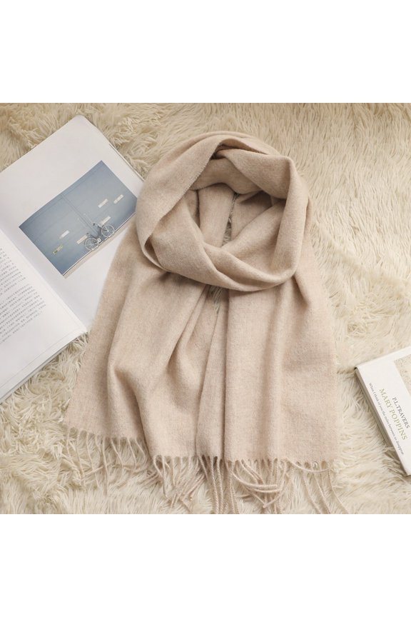 Luxury 100% Australian Wool Scarf, Solid Color Winter Wrap with Fine Twisted Fringe,180*30cm,oatmeal