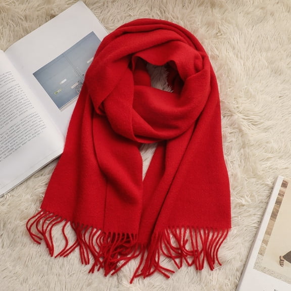 Luxury 100% Australian Wool Scarf, Solid Color Winter Wrap with Fine Twisted Fringe,180*30cm,red