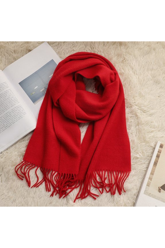 Luxury 100% Australian Wool Scarf, Solid Color Winter Wrap with Fine Twisted Fringe,180*30cm,red
