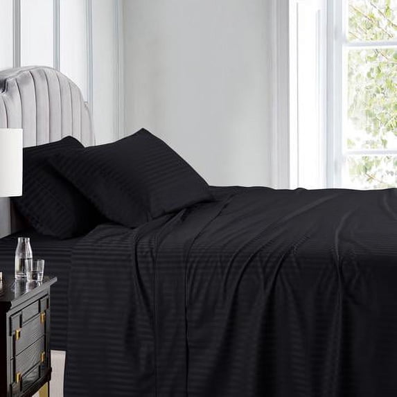 Luxury 100% Cotton 600 Thread Count Sheets Damask Striped Bed Sheets Set - Full - Black