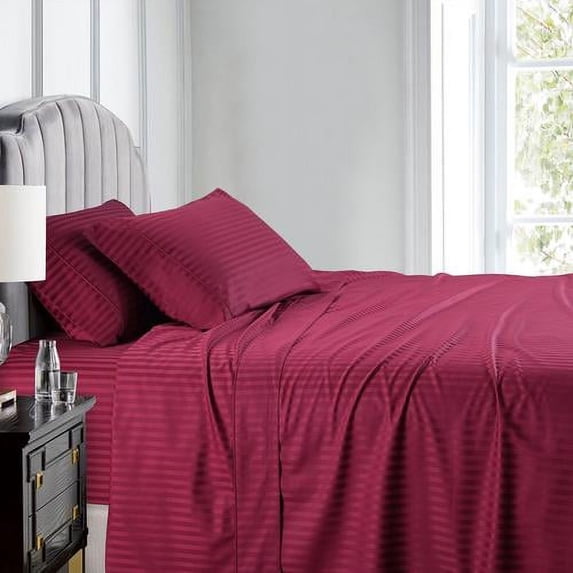 Luxury 100% Cotton 600 Thread Count Sheets Damask Striped Bed Sheets Set - Full - Burgundy