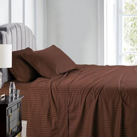 Luxury 100% Cotton 600 Thread Count Sheets Damask Striped Bed Sheets Set - Full - Chocolate
