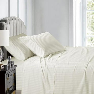 Luxury 100% Cotton 600 Thread Count Sheets Damask Striped Bed Sheets Set - Full - Ivory