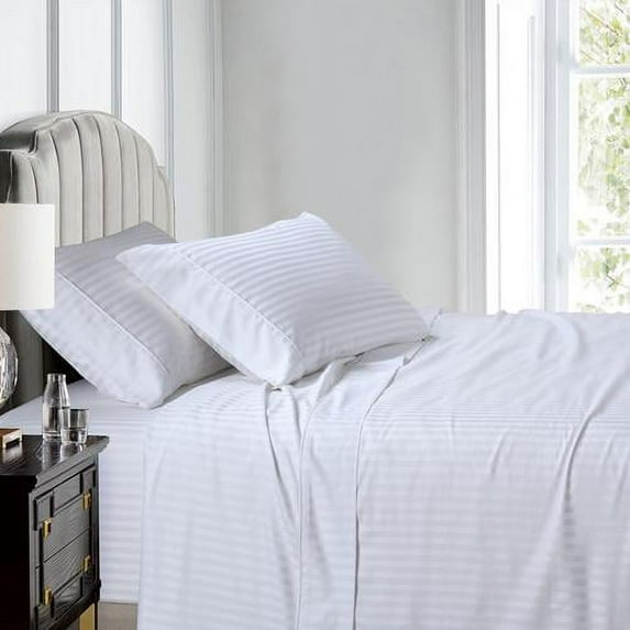Luxury 100% Cotton 600 Thread Count Sheets Damask Striped Bed Sheets Set - Full - White