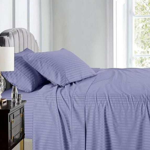 Luxury 100% Cotton 600 Thread Count Sheets Damask Striped Bed Sheets Set - King - Periwinkle