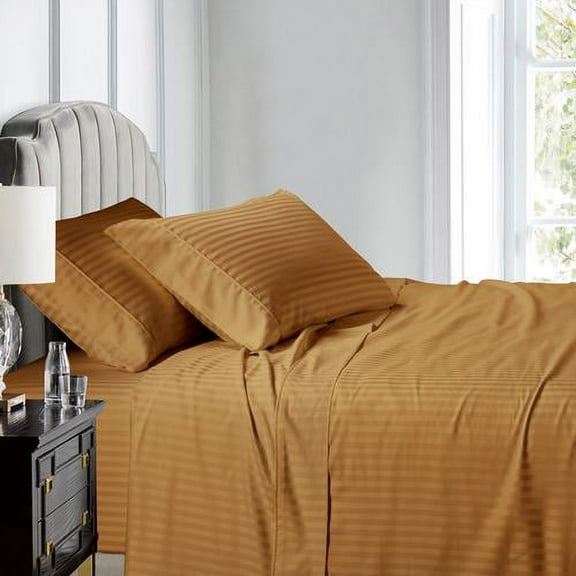 Luxury 100% Cotton 600 Thread Count Sheets Damask Striped Bed Sheets Set - Twin-XL - Bronze