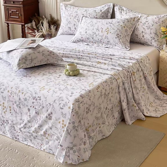 100% Cotton Sheets Queen Set, Natural Floral Sheets, 600 Thread Count, 15" Deep Pocket, Breathable & Durable, 4-Piece