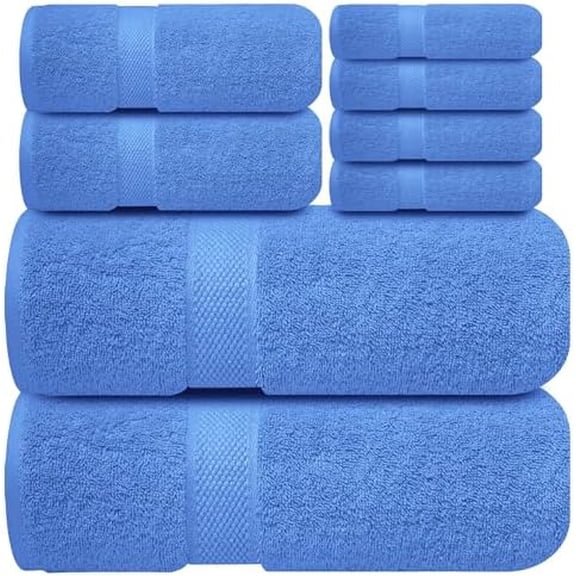 Luxury 100% Cotton Towel Set – 8 Piece Bathroom Towel Set (2 Bath Towels, 2 Hand Towels, 4 Washcloths) – Soft & Absorbent Towels for Bathroom (Eloquent Blue)