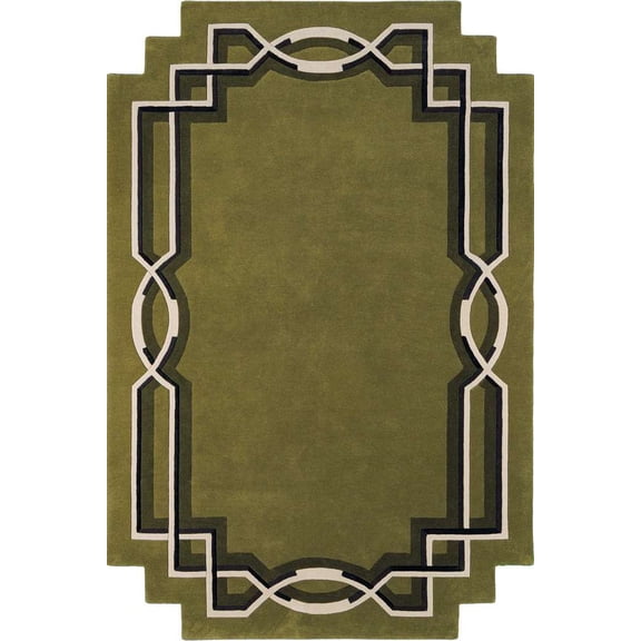 Luxury 100% New Zealand Wool Geometric Art Deco Area Rug, Hand-Tufted Scalloped Edge Carpet with Cotton Backing for Living Room & Study, Plush High-Density Pile, Moss Green & Cream 4X6 FT
