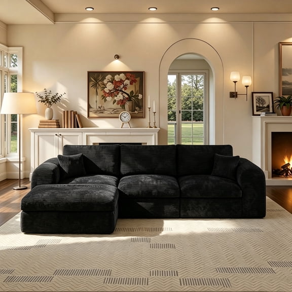 Luxury 108'' Modular Sectional Sofa with Ottoman, Boneless Convertible L-Shape Cloud Corduroy Couch for Living Room, Bedroom, No Assembly-Black