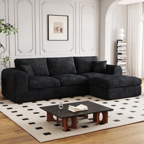 Luxury 108" Corduroy Modular Sectional Sofa with Ottoman, Boneless Deep Seat Cloud Couch for Living Room, Convertible (Black, 3 Seater + 1 Ottoman)