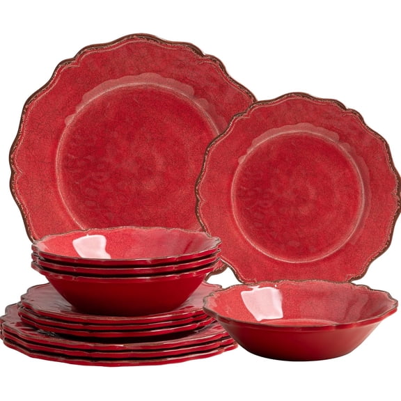 Luxury 12 count Melamine Dinnerware Sets, Rustic Scalloped rim Bowls and Dinner/Dessert Plates set, Spring Camping dishes indoor and outdoor use, Service for 4, Christmas Red