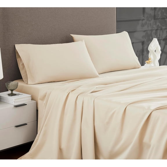 Luxury 1200 Thread Count Queen Sheet Set, 4 Pcs Cotton Rich Beige Soft Wrinkle Resistant Sateen Deep Pocket
