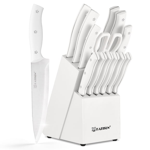 Luxury 15 Pieces White Plastic Handle Carbon Steel Chef Knife Block Set with Sharpener Scissors