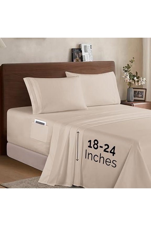 Luxury 1500 Premium Hotel Quality Microfiber 4-Piece Sheet Set - Soft, All Around Elastic 18-24 Inches Deep Fitted Sheet - Extra Deep Pocket Sheets, California King, Cream