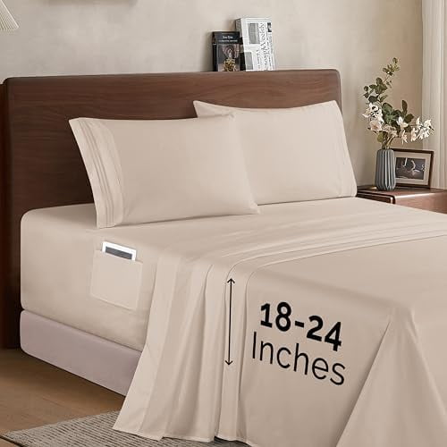 Luxury 1500 Premium Hotel Quality Microfiber 4-Piece Sheet Set - Soft, All Around Elastic 18-24 Inches Deep Fitted Sheet - Extra Deep Pocket Sheets, King, Cream