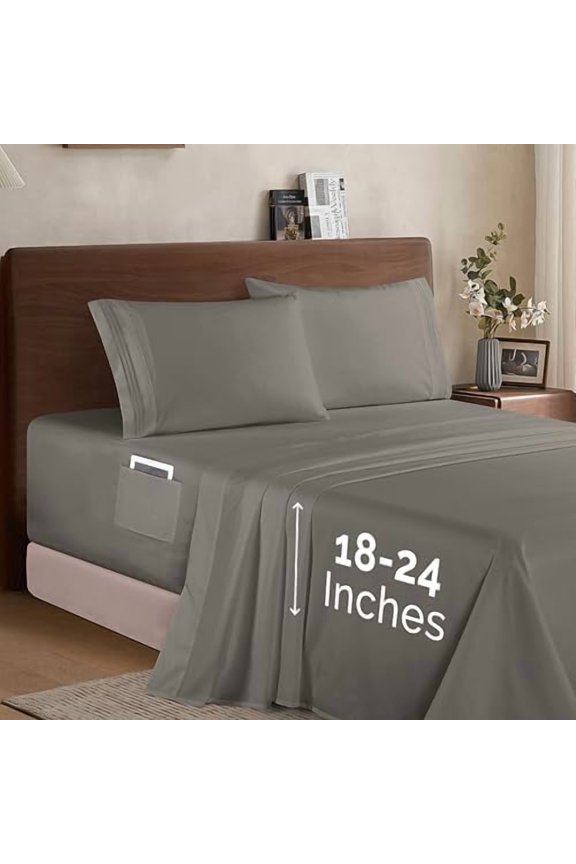 Luxury 1500 Premium Hotel Quality Microfiber 4-Piece Sheet Set - Soft, All Around Elastic 18-24 Inches Deep Fitted Sheet - Extra Deep Pocket Sheets, Queen, Grey