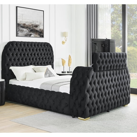 Luxury 1pc Black Queen Bed Deeply Tufted Television Lift Electric Fireplace