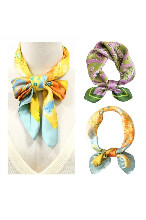 Luxury 2-Pack Silk Scarf Set for Women  Elegant Floral & Art-Inspired Design, Soft Satin Neck Scarves for Work, Travel & Daily Wear