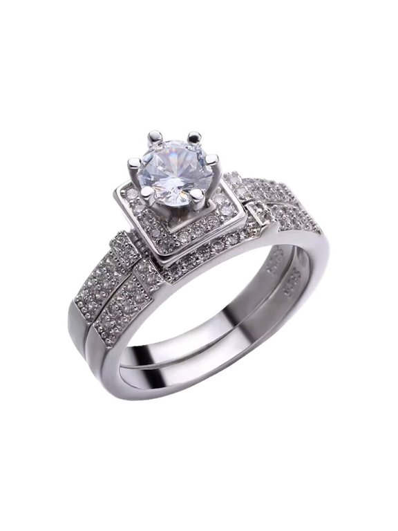 Luxury 2-Piece Bridal Wedding Ring Set, European & American Style Channel Set Zinc Alloy Handmade Sparkling Jewelry, Perfect for Engagement Wedding Anniversary & Couple Gift(Rose Gold,)
