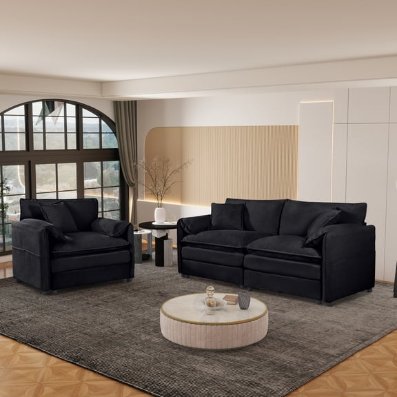 Luxury 2-Piece Chenille Cloud Loveseat Set with 3 Pillows, Deep Seat Modern Couch & Armchair for Living Room, Bedroom, or Office, DIY Combination, Black