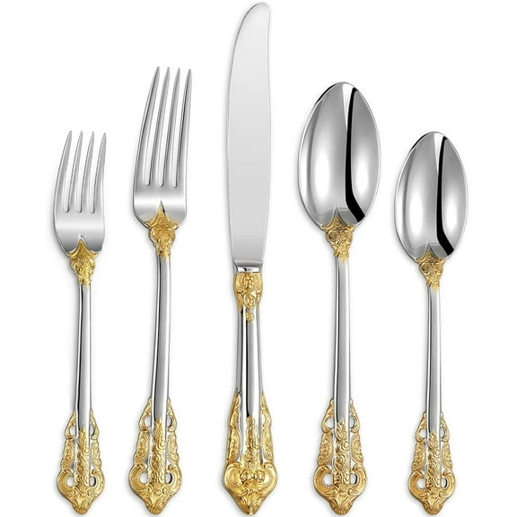 Luxury 20 Pieces 18/10 Stainless Steel Flatware set, Service for 4, silver plated with gold accents, Fine Silverware set and Dishwasher Safe (Silver)