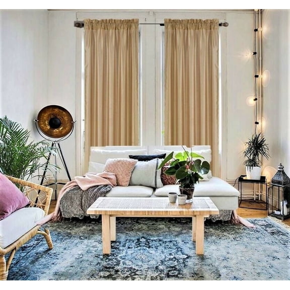 2-piece semi-sheer, gold, faux silk, see-through curtain panels with textured design rod pocket.