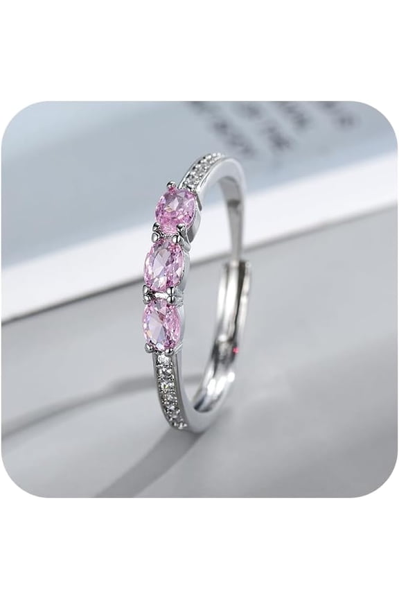 Luxury 3 Oval Cut Pink Stone Zirconia Engagement Thin Stackable Open Ring for Women Cubic Zirconia Solitaire Halo Promise Ring for Her Wife Birthday Anniversary Wedding Band Jewelry Adjustable