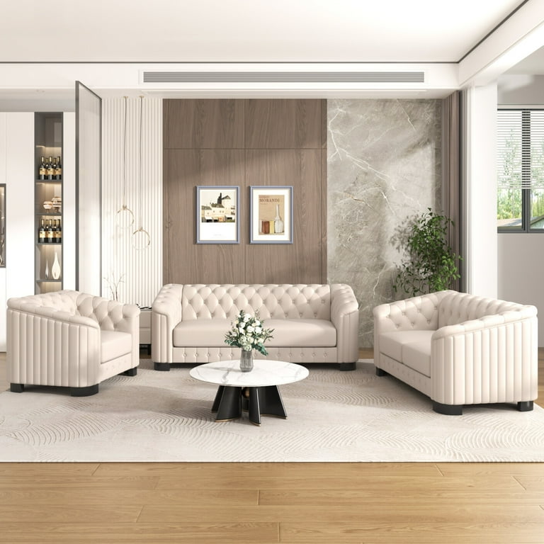 Luxury 3 Piece Living Room Sofa Set, 3-Seat Couch and Loveseat & Chair Furniture Set, Modern Velvet Comfy Cloud Couches Set with Button Tufted and