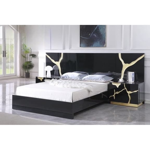 Luxury 3-Piece Modern Bedroom Set, Eastern King Platform Bed with 2x Nightstand, High Gloss Finish, Black/Gold