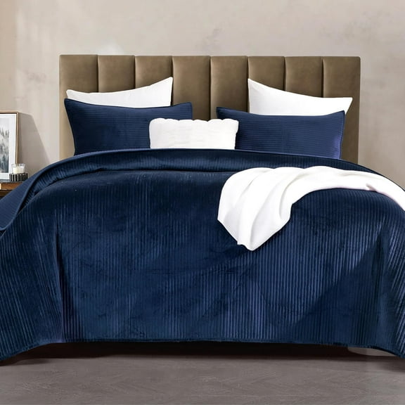 Luxury 3-Piece Velvet Corduroy Stripe Quilt Set - Cozy Velvet Coverlet Set with Matching Pillow Shams, Queen, Navy Blue