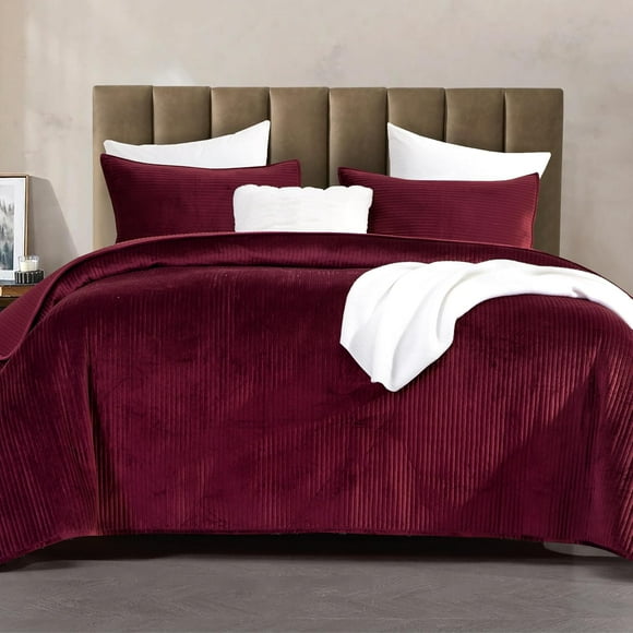 Luxury 3-Piece Velvet Corduroy Stripe Quilt Set, Ultra Soft Bedspread - Cozy Velvet Coverlet Set - 3PC Medium Weight Quilted Set with Matching Pillow Shams, King, Burgundy