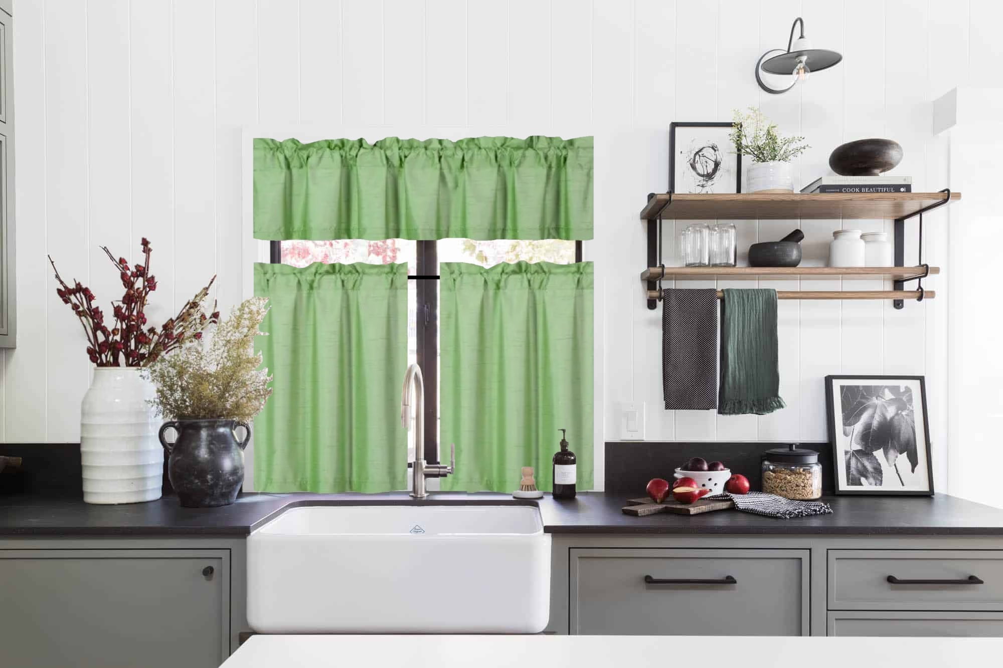 Luxury 3piece Kitchen Curtain Lime green Color SK4 Includes 1 Valance