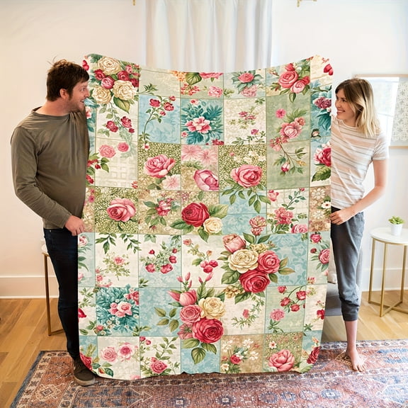 Luxury 30-Thread Flannel Patchwork Blanket - Pink Red Green Beige Roses Floral Quilted Bedspread, All-Season Sofa Bed Travel Throw, Boho Gift for Women