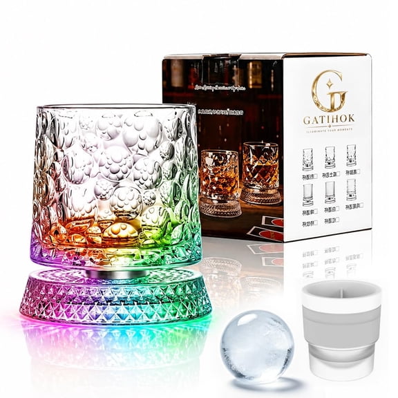 Luxury 360° Spinning Crystal Glass Rotating Whiskey Rotatable Tumbler Tasting with Base Cocktail Old Fashioned Rocks Degree Wine Cup with Led Light Ratating ReliefStress