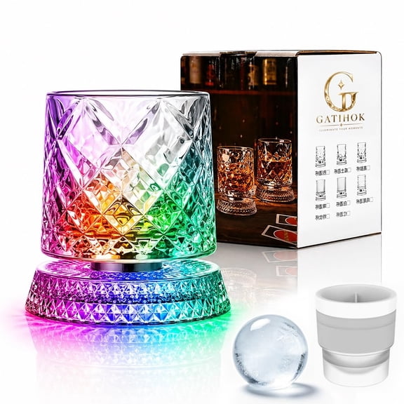 Luxury 360° Spinning Crystal Glass Rotating Whiskey Rotatable Tumbler Tasting with Base Cocktail Old Fashioned Rocks Degree Wine Cup with Led Light Ratating ReliefStress