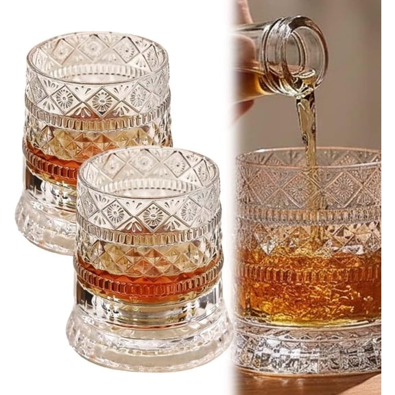 Luxury 360° Spinning Crystal Glass, Spinning Whiskey Glasses, 360 Rotating Whiskey Glass with Heavy Relief Base, Unique Embossed Rotatable Cocktail Glasses for Birthdays, Father’s Day Gifts