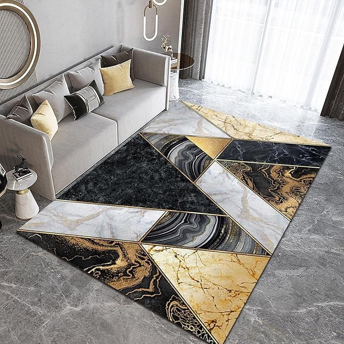 Decorative Rubber Back Rug Luxury 3D Printing Marble Area Rug, Abstract Gray Gold Tile Floor Decor ...