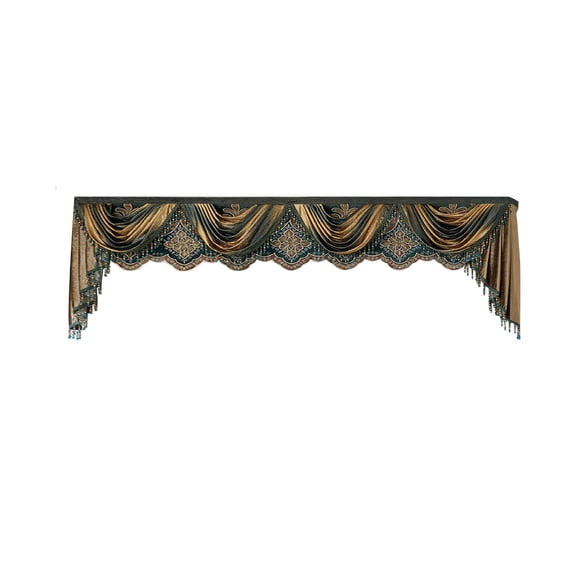 Luxury 3D Swag Valance with Beaded Tassels, Iridescent Jacquard Multi-Tone Coffee & Teal Window Topper, Velcro & Rod Pocket (1 pc)