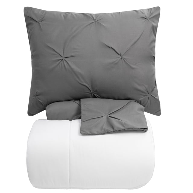 Luxury 4-Piece Gray Pinch Pleat Pintuck Duvet Set and White Comforter, Queen